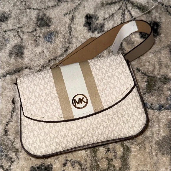 Michael Kors White and Taupe Monogram Crossbody Belt Bag - Picture 2 of 10